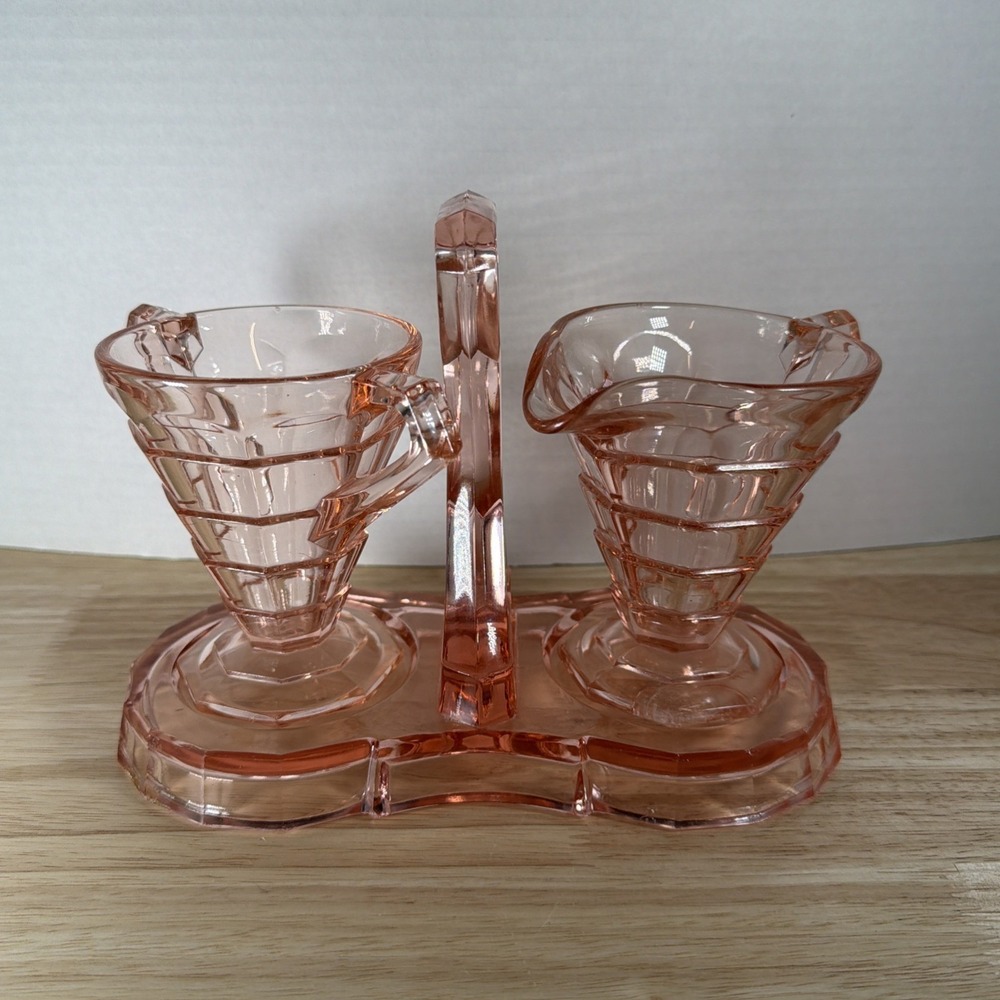 Indiana Glass Tea Room Pink Creamer & Sugar w/ Tray Set Depression Glass 1926-31